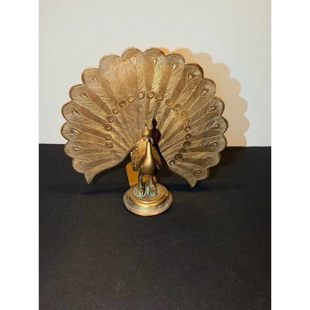 Vintage J.M. Plow Cast Brass Peacock Fanned Tail Etched Made in India Hinduism